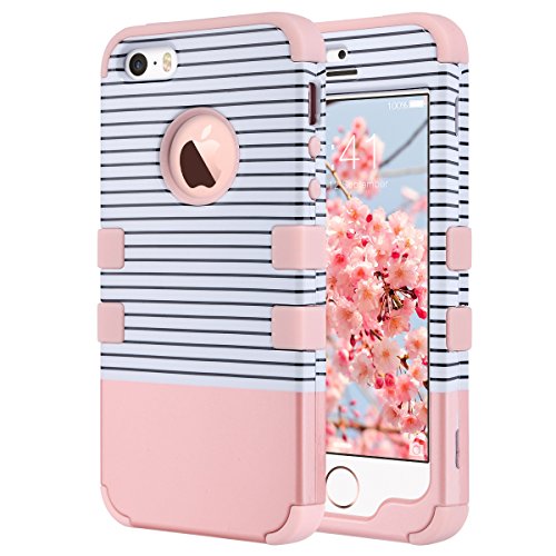 Coque iPhone 5S, ULAK iPhone SE Coque Housse de Protection Anti-choc Matériaux Hybrides en Silicone Souple et PC dur Coque pour Apple iPhone 5 5S SE (Or Rose Stripes)