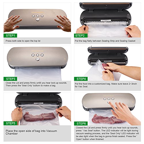 Vakuumierer, KitchenBoss Vakuumiergerät Lebensmittelverpackungsmaschine für Lebensmittel, Fleisch,Früchte, natürliche Aufbewahrung ohne Konservierungsstoffe,Vakuumregulierung,inkl. 5 gratis Profi-Folienbeutel (Silber) - 3