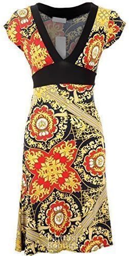 New Ladies Cap Sleeve V Neck Black Yellow Pattern Tie Back Women’s Flare Dress [Red SM]