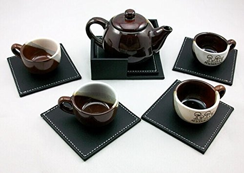 Japace® 6er Set Edel Quadrat Bieruntersetzer Tassenuntersetzer Untersetzer mit Halter aus Kunstleder für Gläser und Flaschen 10 x 10 cm – Braun - 4