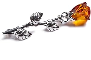 HENRYKA Silver & Amber Rose Brooch | 925 Solid Sterling Silver & Genuine Baltic Cognac Amber, 47mm x 10mm | Rose Flower Pin Jewellery Brooch for Women | Eco-Friendly Present with Beautiful Gift Box