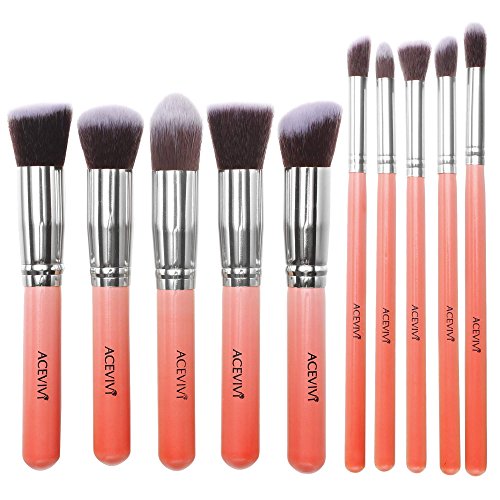 ACEVIVI Professional 10pcs Premium Synthetic Kabuki Makeup Brush Set Foundation Blending Cosmetic Brushes Essential Kit