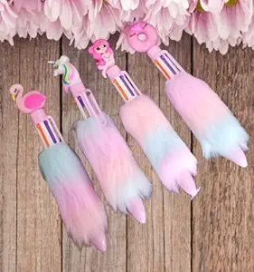 GoMerryKids Set of 4 6-in-1 Retractable Roller Ball Multicolor Feather Fur Pens Beautiful Mermaid Unicorn Pens Gel Pen Set for Girls Kids Return Gift