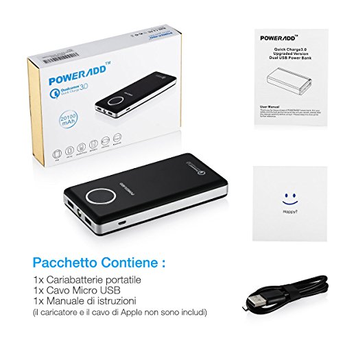 POWERADDã€Qualcomm Quick Charge 3.0ã€‘Batteria Portatile 20100mAh Doppia Uscita Con LED Display e la torcia per iPhone,smartphone e tablet (Micro USB Cavo Ã¨ incluso)