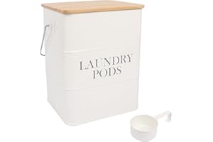 Xbopetda Laundry Pods Storage Container, Laundry Pod Box with Wooden Lid, Metal Laundry Powder Bin with Scoop, Laundry Pods Storage Washing Powder Storage for Laundry Room Organisation and Storage