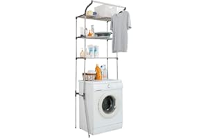 Hershii 3-Tier Laundry Room Shelf Over the Toilet/Washing Machine Storage Rack Bathroom Organizer Stand Space Saver Shelving Units with Clothes Hanging Rod - Grey
