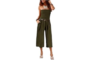 AGUCEG Damen Sommer Jumpsuit Trägerlos Rückenfrei Kurze Bein Elegant Overall Romper Mit Taschen Casual