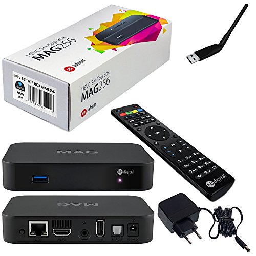 MAG 256 Original IPTV SET TOP BOX Multimedia Player Internet TV IP Receiver (HEVC H.256 fähig) + WLAN WIFI Adapter mit Antenne