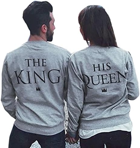 Teamyy Women Mens Couple Sweater Jumper Grey Lovers Partner Hooded Sweatshirt Pullover Tops The King And His Queen