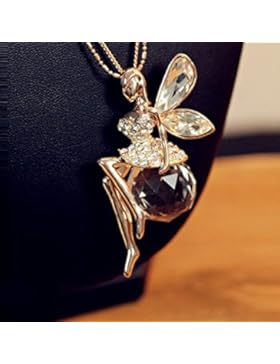 LnLyin Mode Halskette Engel Flügel Anhänger Kristall Halskette Eingelegten Edelsteine Mädchen Lange Pullover Kette