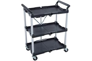 Azuma 3-Tier Folding Tool Trolley – Heavy Duty Metal Frame Service Cart with Wheels, Tool Grooves & Handles – Rolling Utility Storage Cart for Home, Office, Garage, Warehouse, Workshop Use