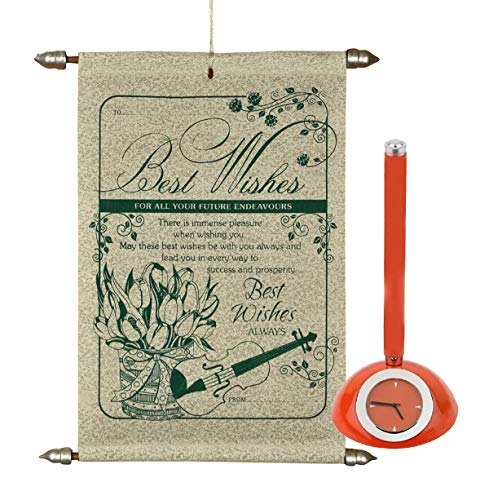 Saugat Traders Farewell Gift for Teachers - Best Wishes Scroll Card & Fancy Clock and Pen Holder