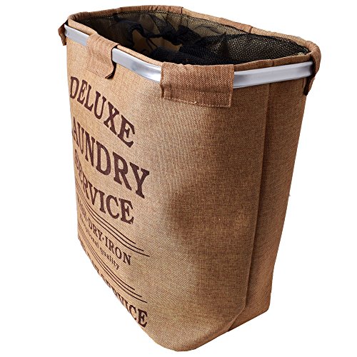 teprovo Wäschesammler 2 Fächer Wäschebox Schmutzwäschebehälter Wäschesortierer Laundry in Canvas Leinenoptik mit 2x 41 Liter beige - 2