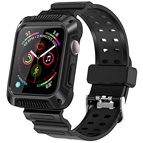 Dolank compatible with Apple Watch Strap 44mm with Case, Rugged Protective Bumper Case with Soft TPU Pro Sport Bands for 2018 Apple Watch Series 4 44mm (Black)