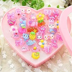 Cute Adjustable Cartoon Rings Set of 36, Finger Rings for Girls Kids Pink Heart Shape Jewelry kit for Kids Suitable for Age 2 - 10 yrs (Multi Designs)