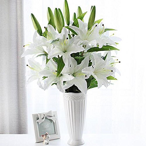 Weiße Lilie Bush künstliche Blume, NNIUK Lily Real Touch Parfüm-Lilien-Blumen-Blumenstrauß-Hochzeit/Graves/Vasen (5 Stück) - 6