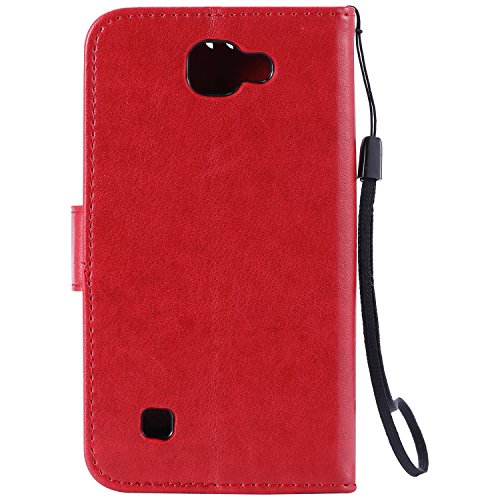 LG K4 Hülle Rote im Retro Wallet Design,Cozy Hut LG K4 Hülle Leadertasche Premium Lederhülle Flip Case im Bookstyle Folio Cover Kartenfächer Magnetverschluss und Standfunktion Leder Schale Etui für LG K4 (4,5 Zoll) Handytasche Schutzhülle Katzen und Bäume Muster – Rote - 2