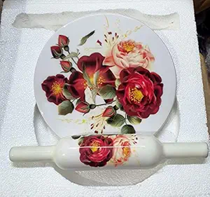 Printed Design Handicrafts Marble chakla Belan Set ( Wooden Belan) / Rolling Pin and Marble Board / Roti Maker