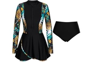 JASAMBAC 2-Piece Rash Guard Swimsuits for Women UPF 50+ Zipper Swim Dress with Swim Breif Modest Swimwear Ladies Swimming Costumes Bathing Suit Soft Surf Suit