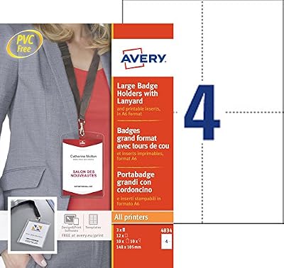 Avery - 4834 - Pack de 10 Pochettes badges A6 transparentes + 12 inserts micro perforés imprimables + 10 Lacets