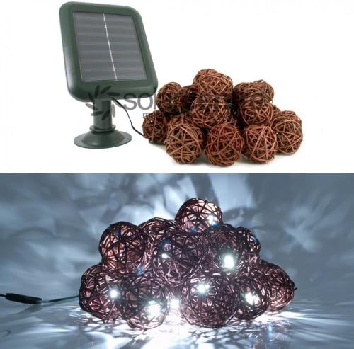 Everbright Solar Rattan Balls - 20 Rattan LED lights On A 16 Metre Cable, With Ability To Power By USB