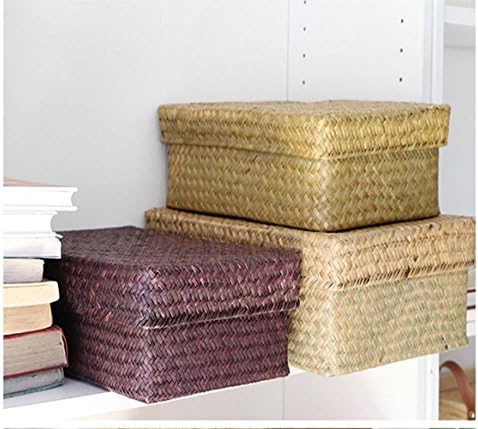 XZX Home Woven Seaweed Rectangular Storage Box with Cover , coffee