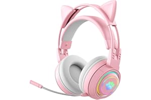 JINSERTA Casque De Jeu sans Fil, Joli Casque Lumineux Bluetooth à Oreilles De Chat avec Lumière LED, Design Pliable et Rétractable, pour Intérieur Extérieur Enfants Adultes