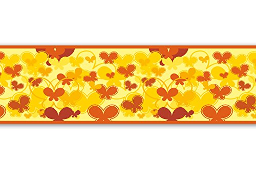 Selbstklebende Bordüre "Schmetterlinge Gelb", 4-teilig 560x15cm, Tapetenbordüre, Wandbordüre, Borte, Wanddeko,Muster, orange