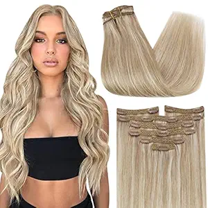 Sunny Blonde Clip in Hair Extensions 14inch Blonde Extensions Clip in Human Hair Highlights Ash Blonde Mix Bleach Blonde Double Weft Remy Hair Extensions Real Human Hair 120g 7pcs