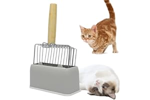 RANJIMA Pala per lettiera con contenitore, pala per gatti, in acciaio inox con supporto, accessori per gatti, pala profonda per gatti, grande e robusta