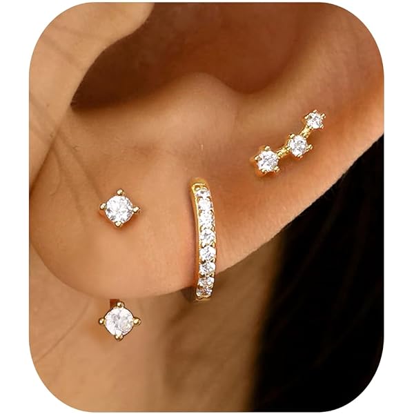 JIAYIQI 925 Sterling Silver Stud Earrings - Mini Bar Circle Dot Heart Star Gold Plated Cartilage Earrings