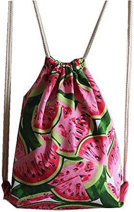 Rieovo Drawstring Backpacks Cotton Linen Watermelon Printed Women Kid's PE Bags harajuku Travel Beach Bag 33x40cm