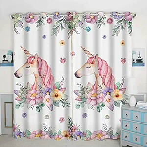 VN Creation Polyester Blend 3D Digital Printed Unicorn & Flower Pattern Curtains for Kids Room, Living Room, Bed Room Eyelet Rings Window/Door/Long Door (Multicolour)