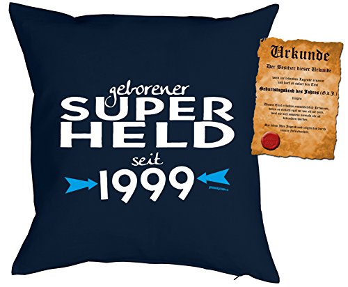 Dekokissen zum Geburtstag, Sofakissen, Couchkissen inkl. Füllung mit Spaßurkunde - Geborener SUPERHELD seit 1999