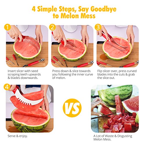 Melonenschneider, HoLife Wassermelonen Schneider Schneiderset mit Doppelzweck Melonenkugelausstecher und 6 Obstgabeln, Rostfrei Edelstahl Wassermelonenmesser Obstschneider für Wasser- und Honigmelonen Papaya Pitaya - 4