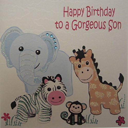 Son Birthday Card, Safari Animals, Giraffe, Elephant Handmade by White Cotton Cards GS8