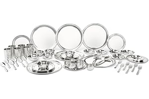 Shri and Sam Dinner Set | 50-Piece Shagun Stainless Steel Dinner Set for 6 People, Solid Silver Steel Kitchen & Dining Set with Plates, Bowls, Glasses, Spoons & Serving Essentials