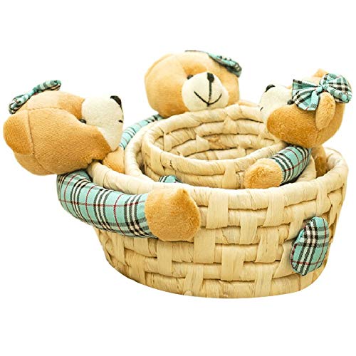 JANRON Shelf Baskets,3-piece set,Bear,Hand made Rattan Wooden Shelf Simple Retro Family Office - Blue, Pink, Red