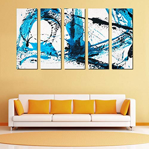999STORE Multiple Framed Printed Abstract Blue White Art Panels Wall Painting- 5 Frames