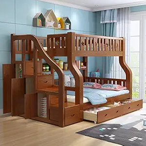 Kids Multifunction Furniture Big Size Kids Beds Solid Wood Bunk Bed with Storage for Kids (130cm Upper Bed Size, Model - 18)