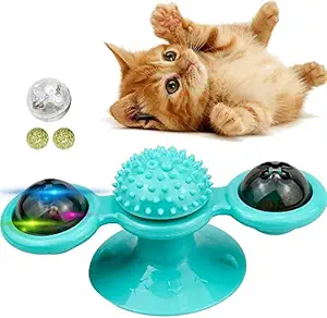 BONDWET Windmill Cat Toys, Turntable Interactive Cat Toy with Suction Cup Brush for Cat Tooth Cleaning Scratching, Wall Mount Cat Spinner with Rotatable Toy Ball