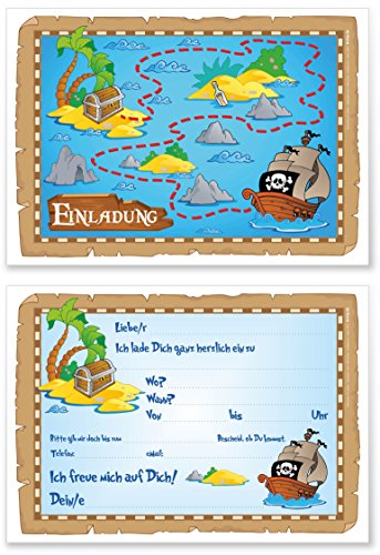 12 Einladungskarten zum Kindergeburtstag „Piratenparty“ Geburtstagseinladungen Jungen Mädchen Kinder Einladungen Schatzkarte Schatzinsel Schatzsuche Piratenschiff Pirat Geburtstag Abenteuer Karten Set - 5