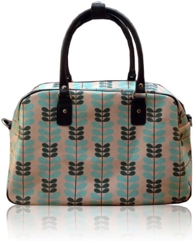 New Oilcloth Polka Dot/Flower/Owl Print Holdall Weekend Travel Bag (LEAF LIGHT BLUE)
