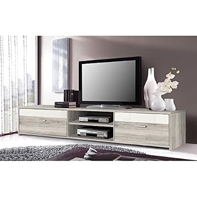 FINLANDEK Meuble TV KATSO 160cm décor chene cendré et blanc brillant