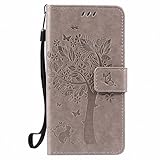 LEMORRY LG X power Hülle Tasche Geprägter Ledertasche Flip Beutel Haut Slim Fit Bumper Schutz Magnetisch Schließung Stehening Soft SchutzHülle Weich Silikon Cover Case Schale für LG X power (K220DS,K220), Glücklicher Baum Grau - 