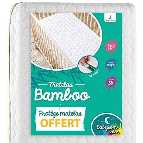 Babysom - Matelas Bébé Bamboo + 1 Protège matelas Imperméable OFFERT - 60x120cm - Déhoussable - Epaisseur 12cm