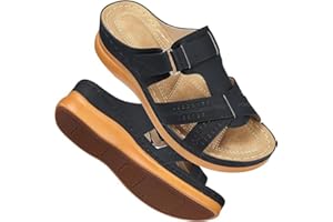 FIENZA Pantoletten Orthopädische Hausschuhe Damen Keilabsatz Leder Hausschuhe Vintage Sommerschuhe Freizeit Wedge Mit Absatz Mit Fussbett Slides Slipperstrandschuhe Peep Toe Plateau Sandalen