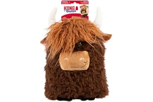 KONG Comfort Jumbo Highland Vache – Couleurs assorties, 3 couineurs et matériau froissé – Jouet d'intérieur pour chien