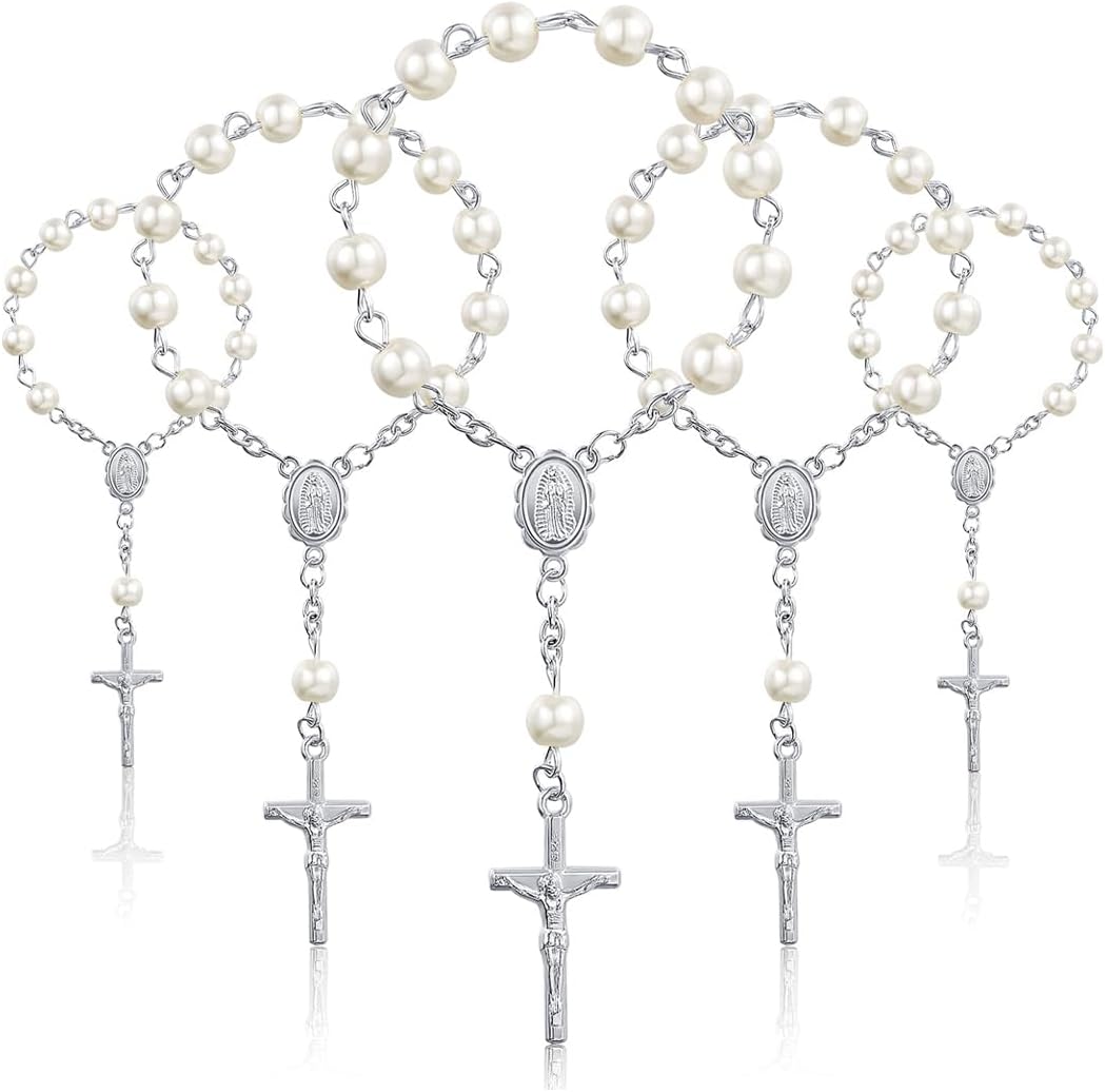 KAHZOR 5 Piezas Rosarios de Bautismo, Mini Rosarios de Dedo, Cuentas de Perlas de Imitación para Bautizo, Comunión, Boda, Fiesta y Recordatorios de Comunión, Detalles Comunión para Invitados (Plata)