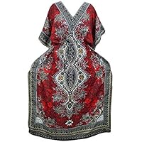 Mogul Interior Women's Caftan Dress Red Dashiki Print Kimono Kaftan Beach Cover Up One Size